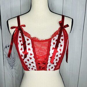 Victoria's Secret Red White Heart Lace Bustier Corset Longline Bra Size M